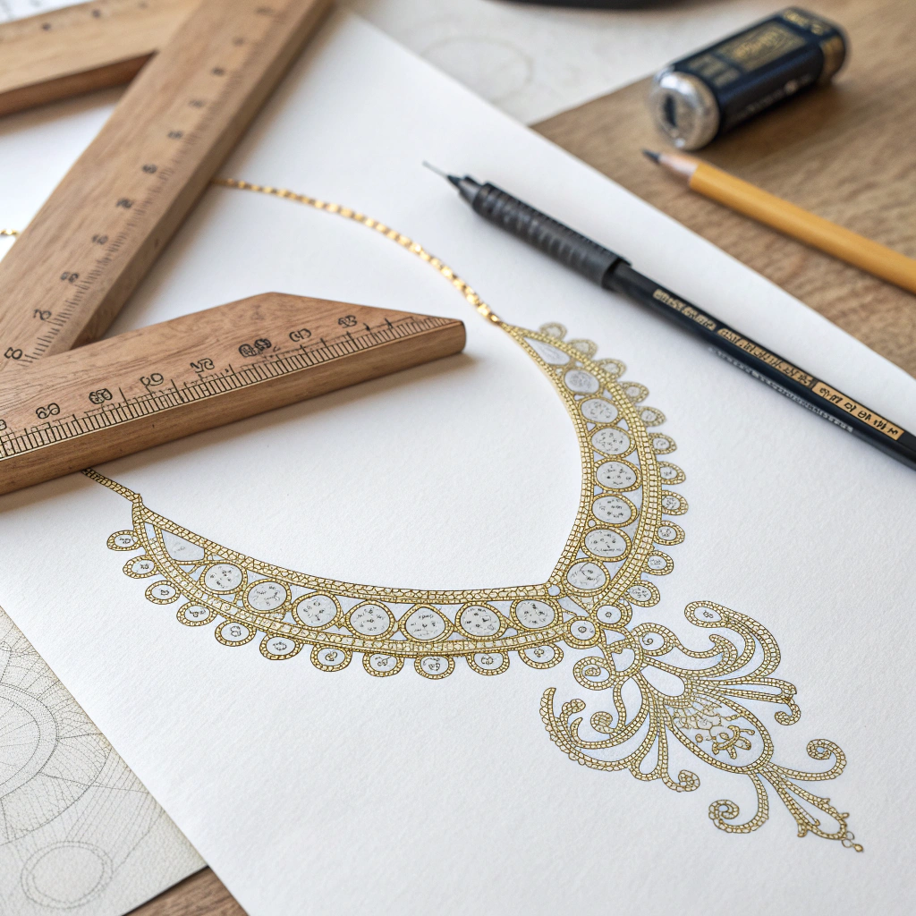 Contemporary jewellery design sketch and gold craft fabrication